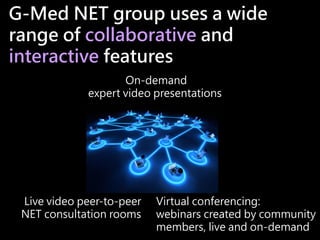 On-demand
expert video presentations
Live video peer-to-peer
NET consultation rooms
Virtual conferencing:
webinars created...
