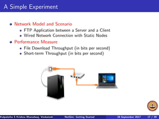 A Simple Experiment
Network Model and Scenario
FTP Application between a Server and a Client
Wired Network Connection with Static Nodes
Performance Measure
File Download Throughput (in bits per second)
Short-term Throughput (in bits per second)
Kalpalatha S Krishna Bharadwaj, Venkatesh Ramaiyan Department of Electrical Engineering, Indian Institute of Technology Madras,NetSim: Getting Started 28 September 2017 17 / 39
 
