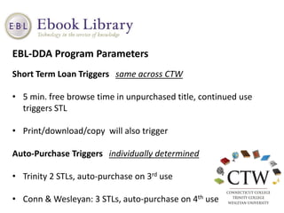 EBL-DDA Program Parameters
Short Term Loan Triggers same across CTW
• 5 min. free browse time in unpurchased title, continued use
triggers STL
• Print/download/copy will also trigger
Auto-Purchase Triggers individually determined
• Trinity 2 STLs, auto-purchase on 3rd use
• Conn & Wesleyan: 3 STLs, auto-purchase on 4th use
 