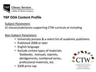 YBP DDA Content Profile
Subject Parameters
LC classes/subclasses supporting CTW curricula at including
Non-Subject Parameters
• University presses & a select list of academic publishers
• Published 2008 or later
• English language
• Exclude certain types of materials:
Textbooks, manuals, reprints,
abridgements, numbered series,
professional materials, etc.
• $200 price cap
 
