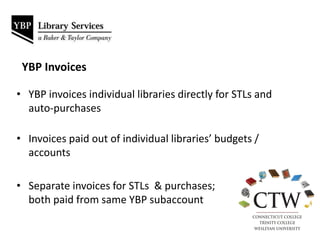 • YBP invoices individual libraries directly for STLs and
auto-purchases
• Invoices paid out of individual libraries’ budgets /
accounts
• Separate invoices for STLs & purchases;
both paid from same YBP subaccount
YBP Invoices
 