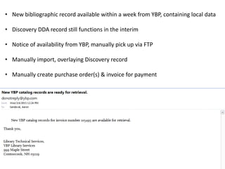 • New bibliographic record available within a week from YBP, containing local data
• Discovery DDA record still functions in the interim
• Notice of availability from YBP, manually pick up via FTP
• Manually import, overlaying Discovery record
• Manually create purchase order(s) & invoice for payment
 