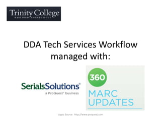DDA Tech Services Workflow
managed with:
Logos Source: http://www.proquest.com
 