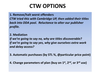 CTW OPTIONS
1. Remove/halt worst offenders
CTW tried this with Cambridge UP, then added their titles
back into DDA pool. Reluctance to alter our publisher
profile.
2. Mediation
If we’re going to say no, why are titles discoverable?
If we’re going to say yes, why give ourselves extra work
and delay access?
3. Automatic purchases (by STL %, @particular price point)
4. Change parameters of plan (buy on 1st, 2nd, or 3rd use)
 