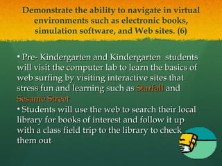 Demonstrate the ability to navigate in virtual environments such as electronic books, simulation software, and Web sites. (6) Pre- Kindergarten and Kindergarten  students will visit the computer lab to learn the basics of web surfing by visiting interactive sites that stress fun and learning such as  Starfall  and  Sesame Street  Students will use the web to search their local library for books of interest and follow it up with a class field trip to the library to check them out  