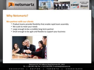 Why Netsmartz? We partner with our clients Product teams provide flexibility that enable rapid team assembly We scale to meet your needs Large enough to be a credible long-term partner Small enough to be agile and flexible to support your business 