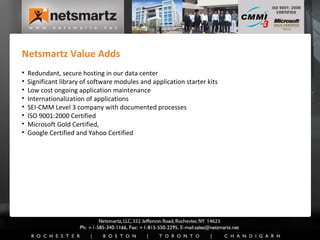 Netsmartz Value Adds Redundant, secure hosting in our data center Significant library of software modules and application starter kits Low cost ongoing application maintenance Internationalization of applications SEI-CMM Level 3 company with documented processes ISO 9001:2000 Certified Microsoft Gold Certified,  Google Certified and Yahoo Certified 