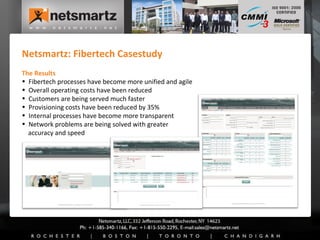 Netsmartz: Fibertech Casestudy The Results Fibertech processes have become more unified and agile Overall operating costs have been reduced Customers are being served much faster Provisioning costs have been reduced by 35% Internal processes have become more transparent Network problems are being solved with greater    accuracy and speed 
