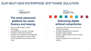 OUR NEXT-GEN ENTERPRISE SOFTWARE SOLUTION
• Built on cutting edge, modern
technology
• Comprehensive domain coverage
• Powerful configuration engines
• Enables auto, equipment and big-ticket
finance companies to run their retail
and wholesale finance business with
ease
• Augments and enhances finance and
leasing operations
• Enables organizations to reap the
benefits of going digital
• Superior digital solutions across various
touch-points
• Able to integrate with any back-end
system.
The most advanced
platform for asset
finance and leasing
Delivering digital
without compromise
mAC mPOS mD mAU mFI
 