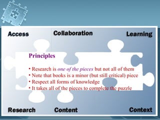 Principles

• Research is one of the pieces but not all of them
• Note that books is a minor (but still critical) piece
• Respect all forms of knowledge
• It takes all of the pieces to complete the puzzle
 