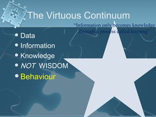 The Virtuous Continuum
                  “Information only becomes knowledge
                    through a process called learning”
 Data
 Information
 Knowledge
 NOT    WISDOM
Behaviour
 
