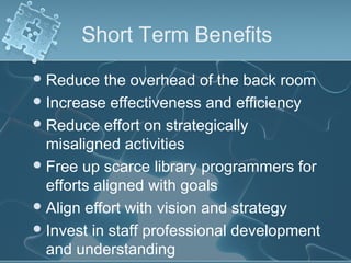 Short Term Benefits
 Reduce    the overhead of the back room
 Increase effectiveness and efficiency
 Reduce effort on strategically
  misaligned activities
 Free up scarce library programmers for
  efforts aligned with goals
 Align effort with vision and strategy
 Invest in staff professional development
  and understanding
 