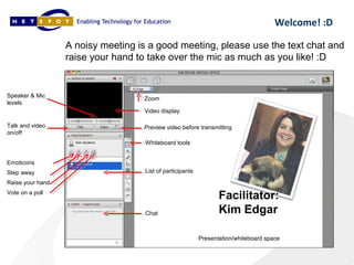Welcome! :D

                  A noisy meeting is a good meeting, please use the text chat and
                  raise your hand to take over the mic as much as you like! :D


Speaker & Mic                      Zoom
levels
                                   Video display

Talk and video                     Preview video before transmitting
on/off
                                    Whiteboard tools


Emoticons
Step away                           List of participants
Raise your hand
Vote on a poll
                                                                  Facilitator:
                                    Chat                          Kim Edgar

                                                           Presentation/whiteboard space
 
