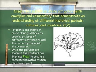 Create and publish an online art gallery with examples and commentary that demonstrate an understanding of different historical periods, cultures, and countries. (1,2) Students can create an online plant guidebook by drawing pictures of different plant species and then scanning them into the computer. Once the pictures are scanned, the students can then use  Prezi  to create a presentation with a caption about each plant. 
