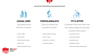 Jakie persony identyfikują moją grupę docelową?
CASUAL USER
„…aby podnieść poziom
hedonizmu na świecie!”
▪ rower = relaks
▪ blisko natury
▪ lubię, jak podczas jazdy
świeci słońce
▪ Wspólne spędzanie czasu
PROFESJONALISTA
„Życie jest za krótkie, żeby
przeciekło przez palce!”
▪ pokonać siebie z wczoraj
▪ rower = pasja
▪ zmęczenie = endorfiny
▪ samodoskonalenie
FIT & ACTIVE
„Za pieniądze możesz kupić dobry rower.  
Ale za żądne pieniądze nie kupisz tego,  
co później możesz przeżyć!”
▪na rowerze cały rok
▪czas tylko dla siebie
▪przemyśleć życie
▪odreagować stresy
▪natura jest częścią naszego życia
 