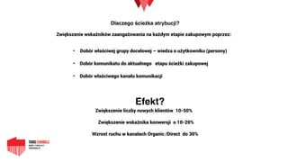 Zwiększenie wskaźnika konwersji o 10-20%
Wzrost ruchu w kanałach Organic /Direct do 30%
Zwiększenie wskaźników zaangażowania na każdym etapie zakupowym poprzez:
Dlaczego ścieżka atrybucji?
Efekt?
• Dobór właściwej grupy docelowej – wiedza o użytkowniku (persony) 
• Dobór komunikatu do aktualnego etapu ścieżki zakupowej
• Dobór właściwego kanału komunikacji
Zwiększenie liczby nowych klientów 10-50%
 
