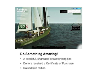 Do Something Amazing!
•  A beautiful, shareable crowdfunding site
•  Donors received a Certiﬁcate of Purchase
•  Raised $32 million

 