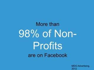 More than

98% of Non-Profits	
  
are on Facebook

MDG Advertising, 2012

 