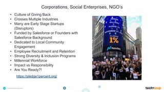 . © TechSoup Global | All rights reserved20
Corporations, Social Enterprises, NGO’s
• Culture of Giving Back
• Crosses Multiple Industries
• Many are Early Stage Startups
(Disruptors)
• Funded by Salesforce or Founders with
Salesforce Background
• Dedicated to Local Community
Engagement
• Employee Recruitment and Retention
• Strong Diversity & Inclusion Programs
• Millennial Workforce
• Impact vs Responsibility
• Are You Ready?!
https://pledge1percent.org/
 