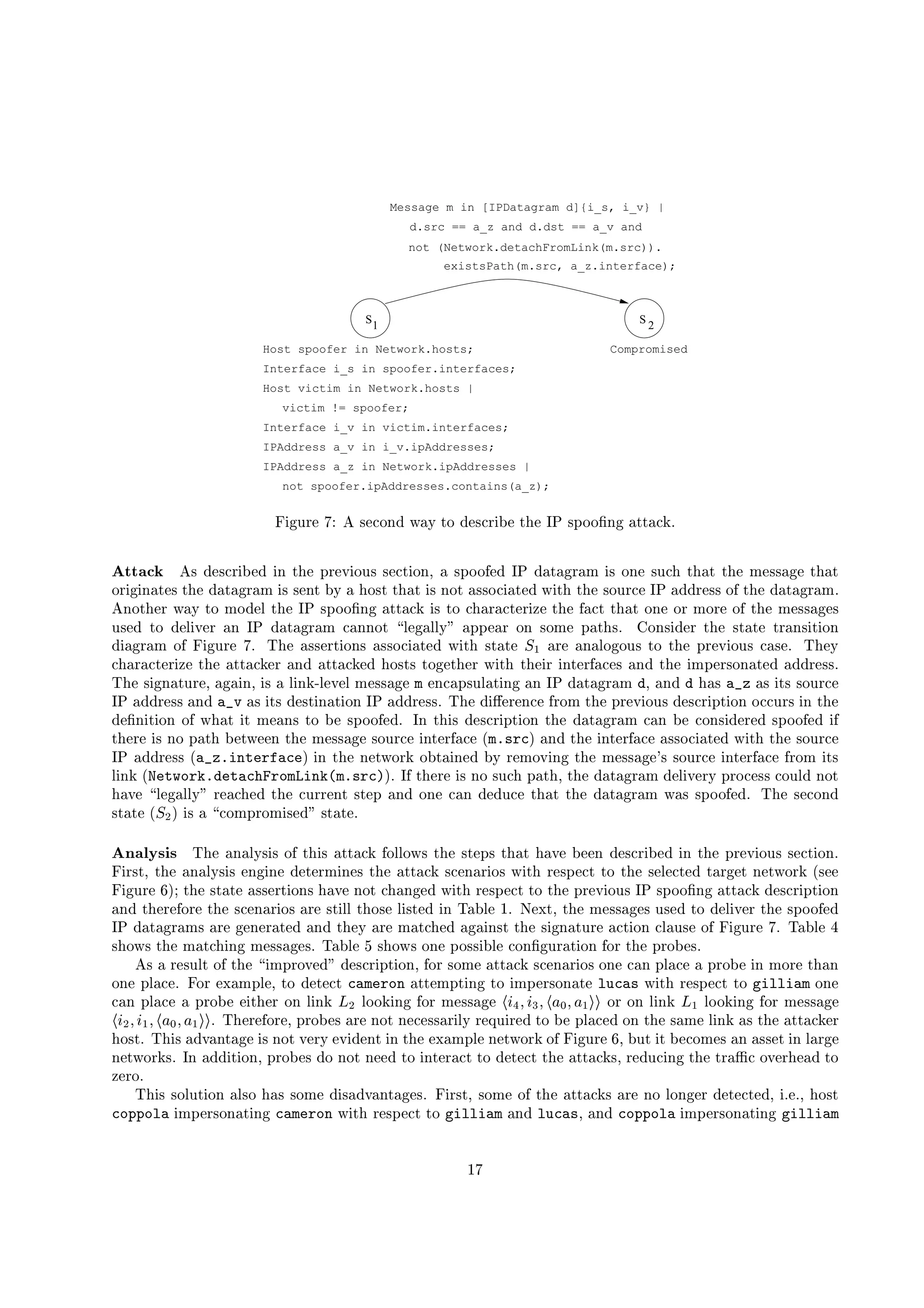 S
1
S
2
not (Network.detachFromLink(m.src)).
existsPath(m.src, a_z.interface);
Message m in [IPDatagram d]{i_s, i_v} |
d.src == a_z and d.dst == a_v and
Host victim in Network.hosts |
Interface i_v in victim.interfaces;
Host spoofer in Network.hosts;
Interface i_s in spoofer.interfaces;
victim != spoofer;
IPAddress a_v in i_v.ipAddresses;
IPAddress a_z in Network.ipAddresses |
not spoofer.ipAddresses.contains(a_z);
Compromised
„ S I2h'D% w‚y ‚ 1`87C2F45Bu)H€e%C4681%7D%S UW‰%$'3sV1`dWC‚CXŒF'Ip)Q`f)27fEdg
A 1T132 ¦43 ‚ 1–4681%7D%S UW84…S …%$'d'D%9G‚S C2hF11`87ˆ%S C2£@§)b1`dWC‚CX’•84…3sŠ4')Qf)XI2Df)Xc S01yC2'1`hF7f$w%$F)Qy%$'5ce81%1%)XI2¥%$F)Q
C2D%S I2S F)Q%81©%$'4')Qf)XI2Df)Xc…S01u1`9xuU‚€)–$'Cx13%$F)QuS01'CX‘)21%1`C67S0)Q%84eBRS %$5%$'1`C2h'Df7r3sT)24'46D%81%1ACX’£%$'4')Qf)XI2Df)Xcg
‚ 'CX%$'9D†Bu)H€P%C5ceC6469(§%$'¥3sx1`dWC‚CXŒF'IP)Q`f)27fES01r%C7f$F)XDf)27ˆ%9D%S a9%$'–’t)27ˆ‰%$F)Q†C2'¥C2D‰ceC2D%–CX’g%$'ece81%1%)XI281
hF1`84Y%C#469( S G29D)X‡3s|4')Qf)XI2Df)Xc 79)X''CX  ( 9Ix)X( ( €6€h)Xd'dW8)XDPC2 1`C2ce{dF)Q%$F19g|qAC2F1`S0469D%$'…13f)Q%{%Df)XF1`S %S C2
46S0)XI2Df)Xc CX’ „ S I2h'D% w‚ghiu$')21%1`9D`%S C2F1¥)21%1`C67S0)Q%84iBRS %$V13f)Q% 5 q )XD%P)XF)X( C2I2C2hF1%C{%$'d'D%9G‚S C2hF1¥79)21`2ghiu$'9€
7f$F)XDf)27ˆ%9D%S a9–%$')Q`f)27fE29Dy)XF4…)Q`f)27fE284{$'Cx13f1‰%C2I2%$'9DBRS %$…%$'9S DyS x%9D`’t)2781)XF4{%$'S cedW9Df1`C2F)Q%84w)24'46D%81%19g
iu$'y1`S I2F)Q%h'D%2@6)XIx)XS £@6S01‘)¥( S 'Exƒ( 9G29(“ce81%1%)XI2 $b9F79)XdF1`h'(0)Q%S 'Ie)X3sV4')Qf)XI2Df)Xc 9W@F)XF4 9$F)21 B 76p)21uS f1‘1`C2h'Df7
3s#)24'46D%81%1A)XF4 B –Wp)21AS f1R46813%S F)Q%S C23s#)24'46D%81%19g§iu$'†46S ™d9D%9F7r’•D%C2c‹%$'‰d'D%9G‚S C2hF14681%7D%S d6%S C2C6797h'Df1AS 5%$'
46ŒF'S %S C2iCX’uBR$F)Q–S –ce8)XF1†%CbUW51`dWC‚CX’•84“gP!w%$'S01–4681%7D%S d6%S C2w%$'54')Qf)XI2Df)Xc™79)X…UW57C2F1`S0469D%84w1`dWC‚CX’•84…S ’
%$'9D%S01‘'CpdF)Q%$bUW3B99P%$'yce81%1%)XI21`C2h'Df7S x%9D`’t)27s $p  )!5C62u)XF45%$'yS x%9D`’t)27y)21%1`C67S0)Q%845BRS %$%$'–1`C2h'Df7
3sn)24'46D%81%1es B 76¡  G(5¨ B 6(‚uAS w%$'e'3BC2D%EbC2U6f)XS '84{U‚€D%9ceCQG‚S 'I%$'pce81%1%)XI2C  1†1`C2h'Df7¥S x%9D`’t)27–’•D%C2c S f1
( S 'E{s i(G37#(5§0X  9(G B 6%4x§5$ !#0€ $   )%5C64‚Quˆgdƒ’ %$'9D%†S01u'Ce1`hF7f$PdF)Q%$£@‚%$'4')Qf)XI2Df)Xc 469( S G29D%€pd'D%C6781%17C2h'(045'CX
$F)HG2  ( 9Ix)X( ( €6€5D%8)27f$'84{%$'57h'D%D%9x–13%9dh)XF4wC2'579)Xi46846hF7p%$F)Qy%$'54')Qf)XI2Df)Xc Bu)21y1`dWC‚CX’•84“giu$'51`87C2F4
13f)Q%psC5 uS01R)  7C2ced'D%C2ceS01`84'€¥13f)Q%2g
AC8@2 1 ¡ 63G(6 iu$')XF)X( €61`S01‰CX’A%$'S01y)Q`f)27fE’•C2( ( CQB‘1‰%$'13%9dF1‰%$F)Qy$F)HG2¥UW99i4681%7D%S UW84{S {%$'pd'D%9G‚S C2hF1†1`87ˆ%S C2£g
„ S Df138@“%$'p)XF)X( €61`S01‰9'I2S 'e46%9D%ceS '81‰%$'p)Q`f)27fE1%79F)XD%S Cx1rBRS %$wD%81`dW87ˆ†%CP%$'p1`9( 87ˆ%84f)XD%I2†'3BC2D%Eist1`9
„ S I2h'D% 5 u #‚%$'13f)Q%)21%1`9D`%S C2F1A$F)HG2r'CX‘7f$F)X'I284BRS %$PD%81`dW87ˆ%C¥%$'†d'D%9G‚S C2hF13s#1`dWC‚CXŒF'Ie)Q`f)27fE4681%7D%S d6%S C2
)XF4P%$'9D%’•C2D%†%$'¥1%79F)XD%S Cx1R)XD%y13%S ( ( %$'Cx1`( S013%84bS i„)XU'(  Ø gRq‘‡‚8@F%$'–ce81%1%)XI281uhF1`84P%C5469( S G29D‘%$'–1`dWC‚CX’•84
3s‡4')Qf)XI2Df)Xcp1R)XD%I29'9Df)Q%84)XF4P%$'9€)XD%cp)Qf7f$'84b)XIx)XS F13R%$'¥1`S I2F)Q%h'D%y)27ˆ%S C2b7(0)XhF1`yCX’ „ S I2h'D% w‚gRi„)XU'( ˆ
1`$'CQB‘1A%$'cp)Qf7f$'S 'Ipce81%1%)XI2819g§i„)XU'(  ¢¥1`$'CQB‘1uC2'†dWCx1%1`S U'( 7C26ŒFI2h'Df)Q%S C2’•C2Du%$'d'D%C2UW819g
‚ 1R)–D%81`h'( RCX’ %$'  S ced'D%CQG284'€–4681%7D%S d6%S C2£@x’•C2D‘1`C2ce†)Q`f)27fE51%79F)XD%S Cx1AC2'79)X5d'(0)27)¥d'D%C2UW‰S ceC2D%r%$F)X
C2'–d'(0)272g „ C2D‰‡')Xced'( 2@F%C46%87ˆ 6 B $(5D)Q`%9ced6%S 'I%C5S cedW9Df1`C2F)Q%8!26 B )¥BRS %${D%81`dW87ˆr%C I(§ B $C2'
79)Xwd'(0)27p)Pd'D%C2UWe9S %$'9DyC2w( S 'E ¢ ( C‚C2E‚S 'I5’•C2Dce81%1%)XI2   ¡¦©¨§ ¡  §¡  ¥¥¨§ ¥ q£¢¤¢
C2DC2w( S 'E ¢
q ( C‚C2E‚S 'IP’•C2Dce81%1%)XI2
  ¡ § ¡ q §¡  ¥¥¨§ ¥ q£¢¤¢
ggiu$'9D%’•C2D%2@xd'D%C2UW81)XD%r'CXu'8781%1%)XD%S ( €eD%8jxh'S D%84¥%C¥UW†d'(0)2784pC2%$'†1%)Xcer( S 'E)21A%$'†)Q`f)27fE29D
$'Cx138g§iu$'S01g)246GQ)Xxf)XI2uS01©'CXgG29D%€y9G‚S0469xgS ¥%$'‘‡')Xced'( R'3BC2D%ECX’ „ S I2h'D% 5 @2U'h6gS AUW87C2ce81g)Xp)21%1`©S p(0)XD%I2
'3BC2D%E619g„!)24'46S %S C2£@6d'D%C2UW81u46Ce'CXR'984%C¥S x%9Df)27ˆ%Cp46%87ˆR%$')Q`f)27fE619@‚D%846hF7S 'I–%$'‰%Df)Q~7rCQG29D%$'8)24e%C
a99D%CFg
iu$'S01†1`C2( h6%S C2{)X(01`C5$F)21†1`C2ce¥46S01%)246GQ)Xxf)XI2819g „ S Df138@£1`C2ce¥CX’g%$'e)Q`f)27fE61‰)XD%–'CP( C2'I29D†46%87ˆ%84“@“Sfg 2g @“$'Cx13
6(DF§F# B S cedW9Df1`C2F)Q%S 'I'6 B $(5DBRS %$bD%81`dW87ˆR%C8I(§ B $)XF4 !26 B )6@')XF4 6(DF§F# B S cedW9Df1`C2F)Q%S 'I I(§ B $
Ø w
 