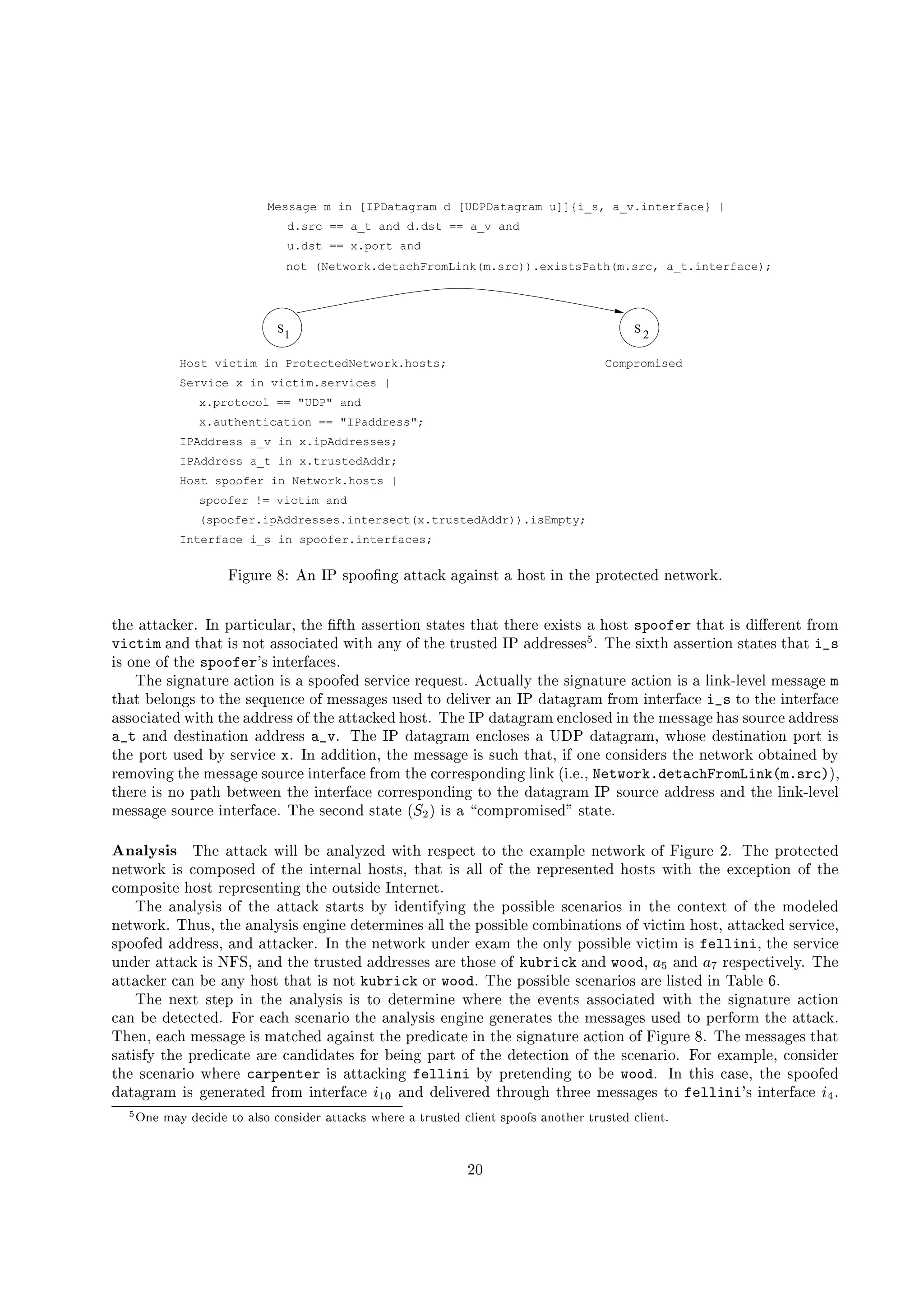 1
S
2
S
Host victim in ProtectedNetwork.hosts; Compromised
Service x in victim.services |
x.protocol == UDP and
x.authentication == IPaddress;
Host spoofer in Network.hosts |
spoofer != victim and
Interface i_s in spoofer.interfaces;
IPAddress a_t in x.trustedAddr;
(spoofer.ipAddresses.intersect(x.trustedAddr)).isEmpty;
u.dst == x.port and
Message m in [IPDatagram d [UDPDatagram u]]{i_s, a_v.interface} |
d.src == a_t and d.dst == a_v and
not (Network.detachFromLink(m.src)).existsPath(m.src, a_t.interface);
IPAddress a_v in x.ipAddresses;
„ S I2h'D% l y ‚ 3sV1`dWC‚CXŒF'Ip)Q`f)27fE)XIx)XS F13‘)¥$'Cx13RS P%$'d'D%CX%87ˆ%845'3BC2D%Edg
%$'–)Q`f)27fE29D8g!bdF)XD`%S07h'(0)XD8@6%$'Œ'’”%${)21%1`9D`%S C2b13f)Q%81u%$F)Q‘%$'9D%y‡6S013f1r)e$'Cx13 )%F#§3¨(5e%$F)QrS01r46S ™d9D%9x‘’•D%C2c
W36!G $p)XF4e%$F)QS01A'CXu)21%1`C67S0)Q%84eBRS %$5)X‚€¥CX’“%$'‘%D%hF13%84p3sT)24'46D%81%1`81¡ Hg©iu$'‰1`S ‡‚%$5)21%1`9D`%S C213f)Q%81©%$F)QE)
S01uC2'CX’ %$'¢)%F#§3¨(5¡  1AS x%9D`’t)27819g
iu$'1`S I2F)Q%h'D%‰)27ˆ%S C2PS01R)¥1`dWC‚CX’•84P1`9D%G‚S07‰D%8jxh'8138g ‚ 7ˆ%hF)X( ( €p%$'y1`S I2F)Q%h'D%†)27ˆ%S C25S01R)¥( S 'Exƒ( 9G29(dce81%1%)XI2 $
%$F)QRUW9( C2'Ix1A%C–%$'1`8jxh'9F7‰CX’ ce81%1%)XI281AhF1`84p%Cp469( S G29Du)XP3s#4')Qf)XI2Df)Xcv’•D%C2c S x%9D`’t)271)%C–%$'†S x%9D`’t)27
)21%1`C67S0)Q%84†BRS %$%$')24'46D%81%1£CX’6%$')Q`f)27fE284†$'Cx138g„iu$'A3s{4')Qf)XI2Df)Xc 9F7( Cx1`84†S %$'ce81%1%)XI2©$F)21„1`C2h'Df7g)24'46D%81%1
B DG{)XF4i46813%S F)Q%S C2i)24'46D%81%1 B –WdgPiu$'p3sŠ4')Qf)XI2Df)Xc 9F7( Cx1`81y) rr‰sŠ4')Qf)XI2Df)Xc@ BR$'Cx1`46813%S F)Q%S C2…dWC2D`yS01
%$'–dWC2D`‘hF1`84bU‚€P1`9D%G‚S07 dgR!)24'46S %S C2£@'%$'–ce81%1%)XI2†S01r1`hF7f$%$F)Q8@WS ’gC2'y7C2F1`S0469Df1u%$'–'3BC2D%E5C2U6f)XS '84PU‚€
D%9ceCQG‚S 'I‘%$'uce81%1%)XI21`C2h'Df7S x%9D`’t)27A’•D%C2cn%$'R7C2D%D%81`dWC2F46S 'Ir( S 'Es•Sfg 2g @ui(G37#(5§0X  9(G B 6%4x35%$ !C 0S€ $p  )!5#64‚Xuˆ@
%$'9D%–S01‰'C5dF)Q%${UW3B99%$'¥S x%9D`’t)27–7C2D%D%81`dWC2F46S 'Ip%C5%$'e4')Qf)XI2Df)Xc|3sx1`C2h'Df7–)24'46D%81%1r)XF4b%$'¥( S 'Exƒ( 9G29(
ce81%1%)XI2†1`C2h'Df7†S x%9D`’t)272g©iu$'1`87C2F4P13f)Q%sC5 uS01‘)  7C2ced'D%C2ceS01`84'€–13f)Q%2g
AC8@2 1 ¡ 63G(6 iu$'5)Q`f)27fEBRS ( (AUW5)XF)X( €‚a984{BRS %$iD%81`dW87ˆy%C%$'‡')Xced'( p'3BC2D%ECX’ „ S I2h'D%5o6gPiu$'pd'D%CX%87ˆ%84
'3BC2D%E…S01e7C2cedWCx1`84iCX’‘%$'S x%9D%F)X($'Cx13f19@©%$F)QeS01e)X( (uCX’‘%$'PD%9d'D%81`9x%84i$'Cx13f1¥BRS %$h%$'‡'79d6%S C2TCX’‘%$'
7C2cedWCx1`S %†$'Cx13‘D%9d'D%81`9x%S 'I–%$'C2h6f1`S046†!x%9D%'8g
iu$'b)XF)X( €61`S01¥CX’‰%$')Q`f)27fET13f)XD`f1¥U‚€TS0469x%S ’•€‚S 'Iw%$'bdWCx1%1`S U'( 1%79F)XD%S Cx1–S #%$'7C2x%‡‚pCX’‰%$'bceC6469( 84
'3BC2D%Edg„iu$‚hF19@2%$'r)XF)X( €61`S01©9'I2S 'r46%9D%ceS '81g)X( ('%$'rdWCx1%1`S U'( ‘7C2c–U'S F)Q%S C2F1©CX’“G‚S07ˆ%S c‹$'Cx138@x)Q`f)27fE284e1`9D%G‚S072@
1`dWC‚CX’•84b)24'46D%81%19@F)XF4b)Q`f)27fE29D8g!%$'y'3BC2D%E5h'F469Dr‡')Xc|%$'yC2'( €PdWCx1%1`S U'( yG‚S07ˆ%S cwS01 ¨§‚@‚%$'–1`9D%G‚S07
h'F469DR)Q`f)27fEpS01uq „ ˜d@')XF4%$'‰%D%hF13%845)24'46D%81%1`81)XD%r%$'Cx1`‰CX’ 032§4536!0¥)XF487#§39W@¥  
)XF4 ¥§£rD%81`dW87ˆ%S G29( €2g©iu$'
)Q`f)27fE29DR79)XPUWy)X‚€$'Cx13u%$F)Q‘S01R'CX 032§4536!0eC2D 7#§39Wg§iu$'dWCx1%1`S U'( 1%79F)XD%S Cx1u)XD%‰( S013%84PS bi„)XU'(  5 g
iu$'b'‡‚P13%9dVS V%$'{)XF)X( €61`S01eS01e%CT46%9D%ceS 'bBR$'9D%%$'9G29xf1p)21%1`C67S0)Q%84#BRS %$#%$'{1`S I2F)Q%h'D%)27ˆ%S C2
79)XUW¥46%87ˆ%84“g „ C2D‰8)27f$1%79F)XD%S Ce%$'e)XF)X( €61`S01‘9'I2S 'yI29'9Df)Q%81R%$'–ce81%1%)XI281‘hF1`84%C5dW9D`’•C2D%c|%$'e)Q`f)27fEdg
iu$'9£@‚8)27f$ce81%1%)XI2‘S01Acp)Qf7f$'84)XIx)XS F13g%$'‰d'D%846S079)Q%rS %$'†1`S I2F)Q%h'D%r)27ˆ%S C2CX’ „ S I2h'D% l g©iu$'rce81%1%)XI281©%$F)Q
1%)Q%S013’•€%$'pd'D%846S079)Q%e)XD%e79)XF46S04')Q%81r’•C2DUW9S 'IdF)XD`†CX’A%$'p46%87ˆ%S C2wCX’A%$'p1%79F)XD%S CFg „ C2D‡')Xced'( 2@£7C2F1`S0469D
%$'P1%79F)XD%S CBR$'9D%H6 B 53F#DG(5bS01¥)Q`f)27fE‚S 'I ¨§U‚€…d'D%%9F46S 'I%C{UW 7#§39Wgb!i%$'S01e79)21`2@„%$'P1`dWC‚CX’•84
4')Qf)XI2Df)Xc™S01yI29'9Df)Q%84w’•D%C2cƒS x%9D`’t)27 ¡ q ¥P)XF4i469( S G29D%84w%$'D%C2h'I2$…%$'D%9ce81%1%)XI281†%C ¨§   1‰S x%9D`’t)27 ¡¦©2g
¢¤£ ‰F‡ §pg…’pjF‡…u…˜ jF‡f¥ˆ gi‘ —¥ˆXu…ˆ‰F—¥˜ jF‡…k@glf(fhgiuBAT— Q†F‡…k¥‡SgSf¥k¥mF—(f¥‡…jwu…‘ ˜‡ …‰ f—¥•–ˆTˆiq —@gi‰Fˆif¥†F‡…k#f¥k¥mF—(f¥‡…jwu…‘ ˜‡ …‰ f v
o !
 
