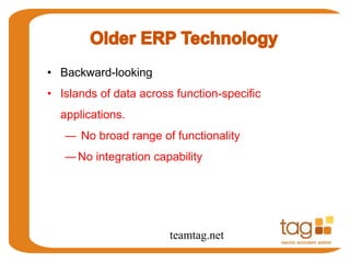 • Backward-looking 
• Islands of data across function-specific 
applications. 
― No broad range of functionality 
―No integration capability 
teamtag.net 
 