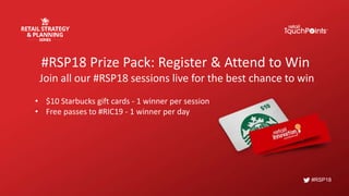 #RSP18
#RSP18 Prize Pack: Register & Attend to Win
Join all our #RSP18 sessions live for the best chance to win
• $10 Starbucks gift cards - 1 winner per session
• Free passes to #RIC19 - 1 winner per day
 
