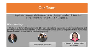 Our Team
Integrisuite has expanded its team by appointing a number of Netsuite
development resources based in Singapore.
Wouter Nortje
Wouter is a Chartered Accountant with 20+ years international experience in both financial control and
providing financial systems support to operational lines of business across a range of industries. Wouter has
served in several CFO and Financial Control roles globally.
Celeste is a Certified Public
Accountant
International Resources
 