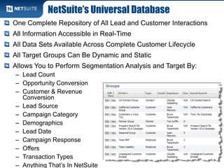 NetSuite’s Universal Database
One Complete Repository of All Lead and Customer Interactions
All Information Accessible in Real-Time
All Data Sets Available Across Complete Customer Lifecycle
All Target Groups Can Be Dynamic and Static
Allows You to Perform Segmentation Analysis and Target By:
– Lead Count
– Opportunity Conversion
– Customer & Revenue
Conversion
– Lead Source
– Campaign Category
– Demographics
– Lead Date
– Campaign Response
– Offers
– Transaction Types
– Anything That’s In NetSuite
 