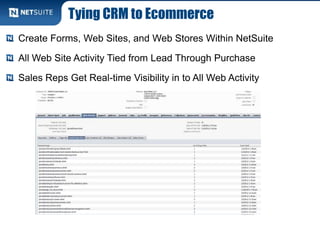 Tying CRM to Ecommerce
Create Forms, Web Sites, and Web Stores Within NetSuite
All Web Site Activity Tied from Lead Through Purchase
Sales Reps Get Real-time Visibility in to All Web Activity
 