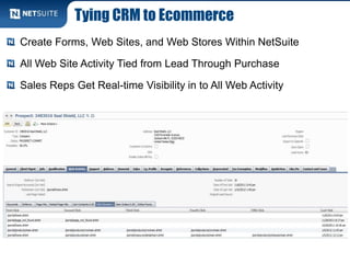 Tying CRM to Ecommerce
Create Forms, Web Sites, and Web Stores Within NetSuite
All Web Site Activity Tied from Lead Through Purchase
Sales Reps Get Real-time Visibility in to All Web Activity
 