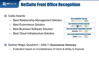 NetSuite Front Office Recognition
Codie Awards
– Best Relationship Management Solution
– Best Ecommerce Solution
– Best Business Software Solution
– Best Cloud Infrastructure Solution
Gartner Magic Quadrant – 2008-11 Ecommerce Visionary
– Evaluation based on Completeness of Vision & Ability to Execute
 