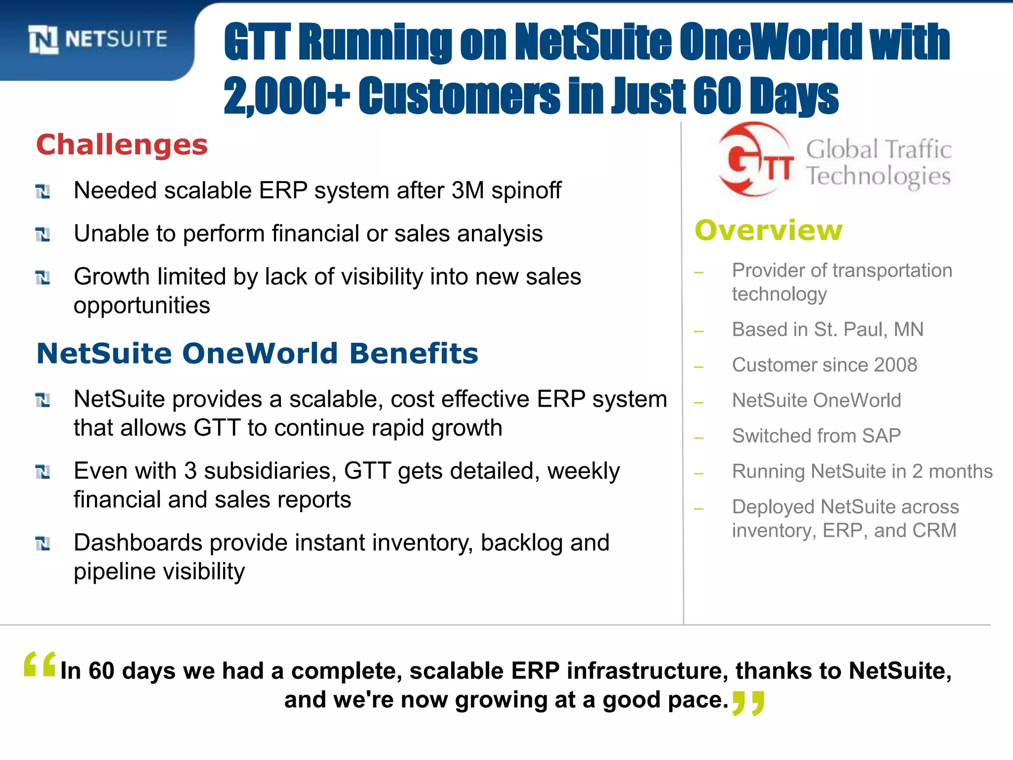 Overview
‒ Provider of transportation
technology
‒ Based in St. Paul, MN
‒ Customer since 2008
‒ NetSuite OneWorld
‒ Switched from SAP
‒ Running NetSuite in 2 months
‒ Deployed NetSuite across
inventory, ERP, and CRM
Challenges
Needed scalable ERP system after 3M spinoff
Unable to perform financial or sales analysis
Growth limited by lack of visibility into new sales
opportunities
NetSuite OneWorld Benefits
NetSuite provides a scalable, cost effective ERP system
that allows GTT to continue rapid growth
Even with 3 subsidiaries, GTT gets detailed, weekly
financial and sales reports
Dashboards provide instant inventory, backlog and
pipeline visibility
GTT Running on NetSuite OneWorld with
2,000+ Customers in Just 60 Days
In 60 days we had a complete, scalable ERP infrastructure, thanks to NetSuite,
and we're now growing at a good pace.
”“
 