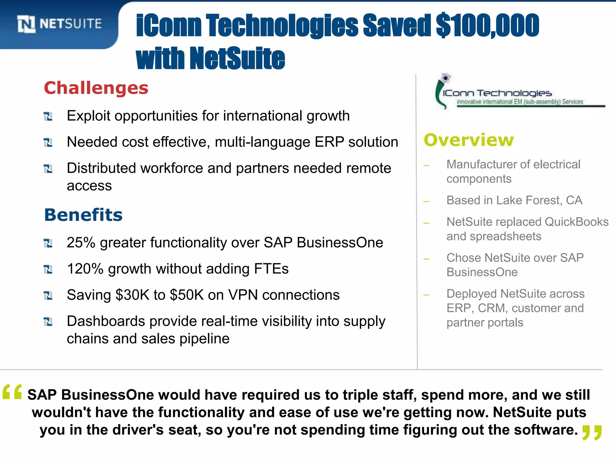 Overview
‒ Manufacturer of electrical
components
‒ Based in Lake Forest, CA
‒ NetSuite replaced QuickBooks
and spreadsheets
‒ Chose NetSuite over SAP
BusinessOne
‒ Deployed NetSuite across
ERP, CRM, customer and
partner portals
Challenges
Exploit opportunities for international growth
Needed cost effective, multi-language ERP solution
Distributed workforce and partners needed remote
access
Benefits
25% greater functionality over SAP BusinessOne
120% growth without adding FTEs
Saving $30K to $50K on VPN connections
Dashboards provide real-time visibility into supply
chains and sales pipeline
iConn Technologies Saved $100,000
with NetSuite
SAP BusinessOne would have required us to triple staff, spend more, and we still
wouldn't have the functionality and ease of use we're getting now. NetSuite puts
you in the driver's seat, so you're not spending time figuring out the software.
“
 