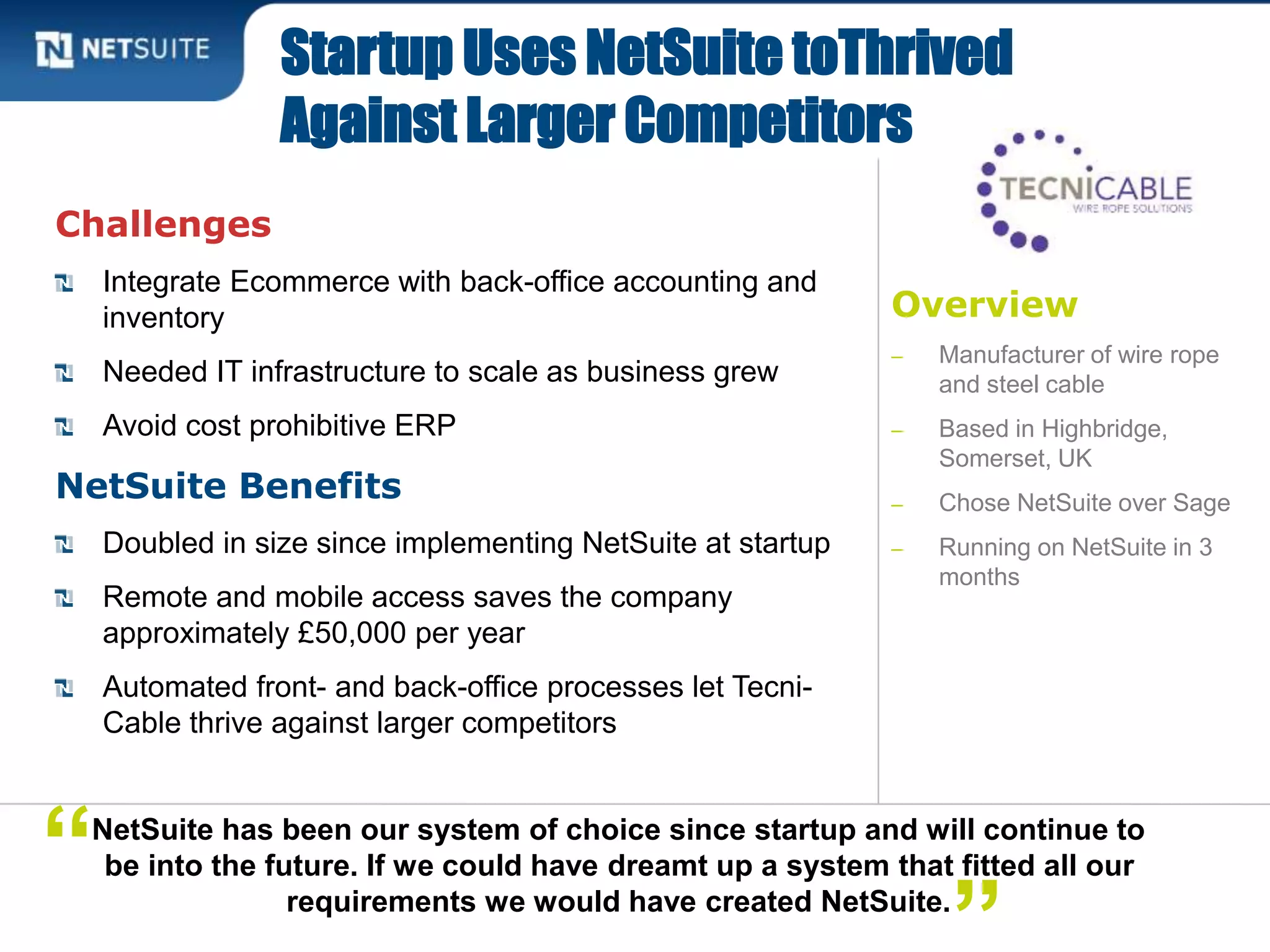 Overview
‒ Manufacturer of wire rope
and steel cable
‒ Based in Highbridge,
Somerset, UK
‒ Chose NetSuite over Sage
‒ Running on NetSuite in 3
months
Challenges
Integrate Ecommerce with back-office accounting and
inventory
Needed IT infrastructure to scale as business grew
Avoid cost prohibitive ERP
NetSuite Benefits
Doubled in size since implementing NetSuite at startup
Remote and mobile access saves the company
approximately £50,000 per year
Automated front- and back-office processes let Tecni-
Cable thrive against larger competitors
Startup Uses NetSuite toThrived
Against Larger Competitors
NetSuite has been our system of choice since startup and will continue to
be into the future. If we could have dreamt up a system that fitted all our
requirements we would have created NetSuite.
“
 