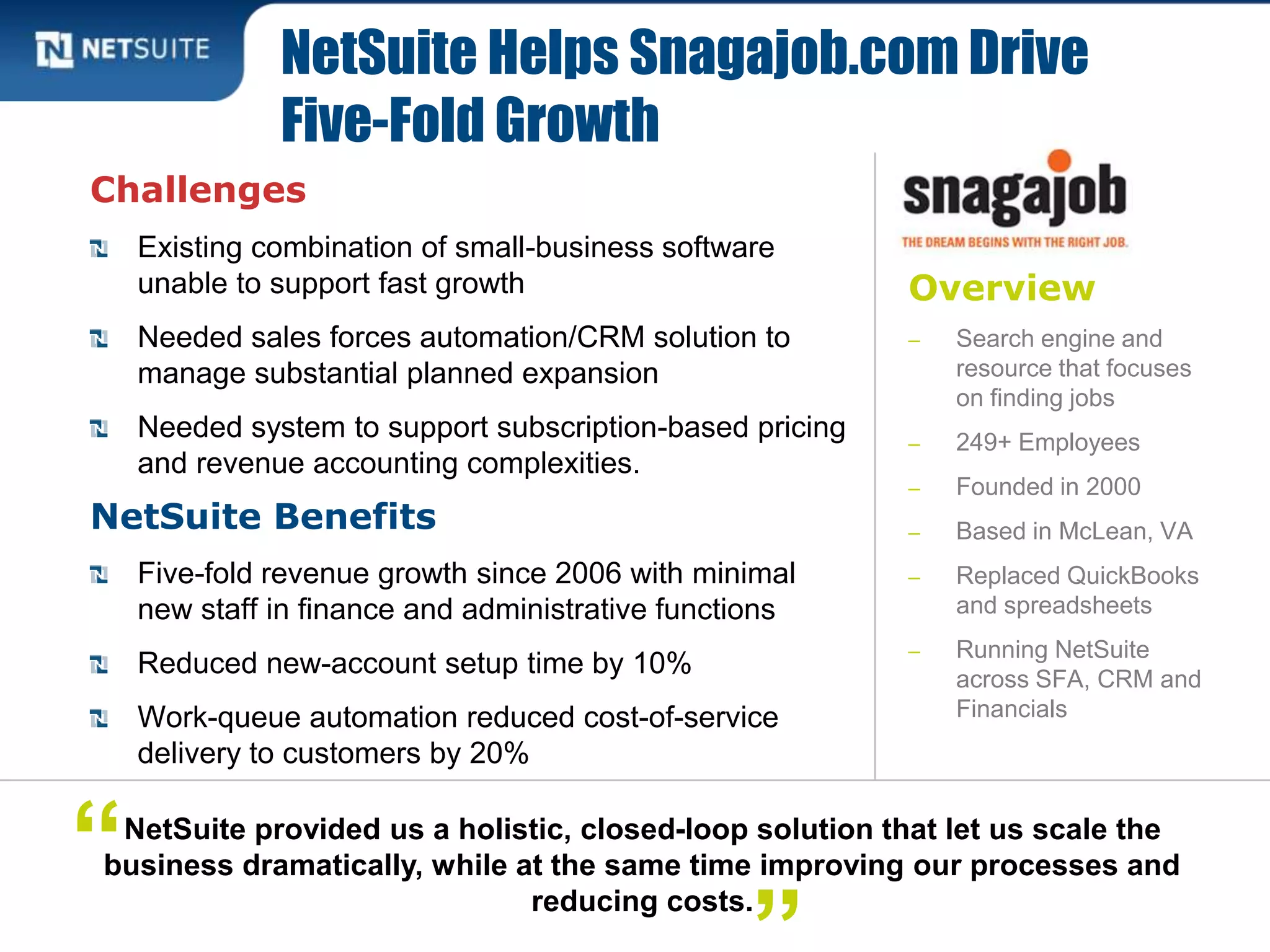 Overview
‒ Search engine and
resource that focuses
on finding jobs
‒ 249+ Employees
‒ Founded in 2000
‒ Based in McLean, VA
‒ Replaced QuickBooks
and spreadsheets
‒ Running NetSuite
across SFA, CRM and
Financials
Challenges
Existing combination of small-business software
unable to support fast growth
Needed sales forces automation/CRM solution to
manage substantial planned expansion
Needed system to support subscription-based pricing
and revenue accounting complexities.
NetSuite Benefits
Five-fold revenue growth since 2006 with minimal
new staff in finance and administrative functions
Reduced new-account setup time by 10%
Work-queue automation reduced cost-of-service
delivery to customers by 20%
NetSuite Helps Snagajob.com Drive
Five-Fold Growth
NetSuite provided us a holistic, closed-loop solution that let us scale the
business dramatically, while at the same time improving our processes and
reducing costs.
“
 