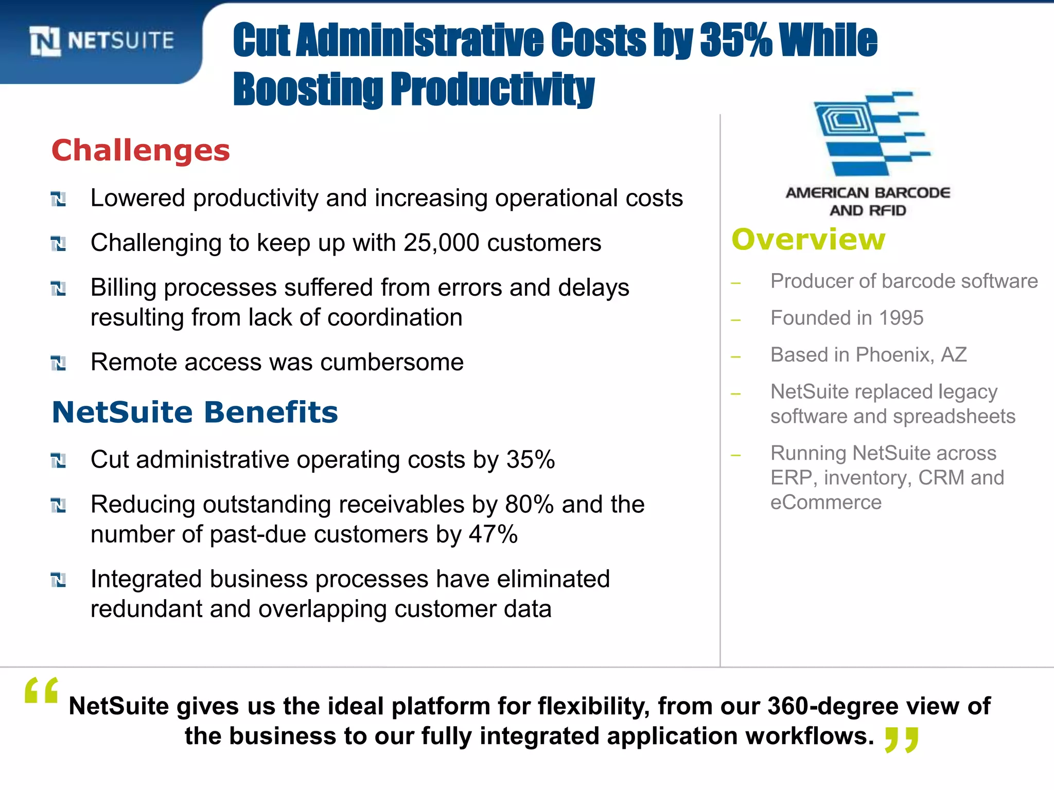 Overview
‒ Producer of barcode software
‒ Founded in 1995
‒ Based in Phoenix, AZ
‒ NetSuite replaced legacy
software and spreadsheets
‒ Running NetSuite across
ERP, inventory, CRM and
eCommerce
Challenges
Lowered productivity and increasing operational costs
Challenging to keep up with 25,000 customers
Billing processes suffered from errors and delays
resulting from lack of coordination
Remote access was cumbersome
NetSuite Benefits
Cut administrative operating costs by 35%
Reducing outstanding receivables by 80% and the
number of past-due customers by 47%
Integrated business processes have eliminated
redundant and overlapping customer data
Cut Administrative Costs by 35% While
Boosting Productivity
NetSuite gives us the ideal platform for flexibility, from our 360-degree view of
the business to our fully integrated application workflows.“
 