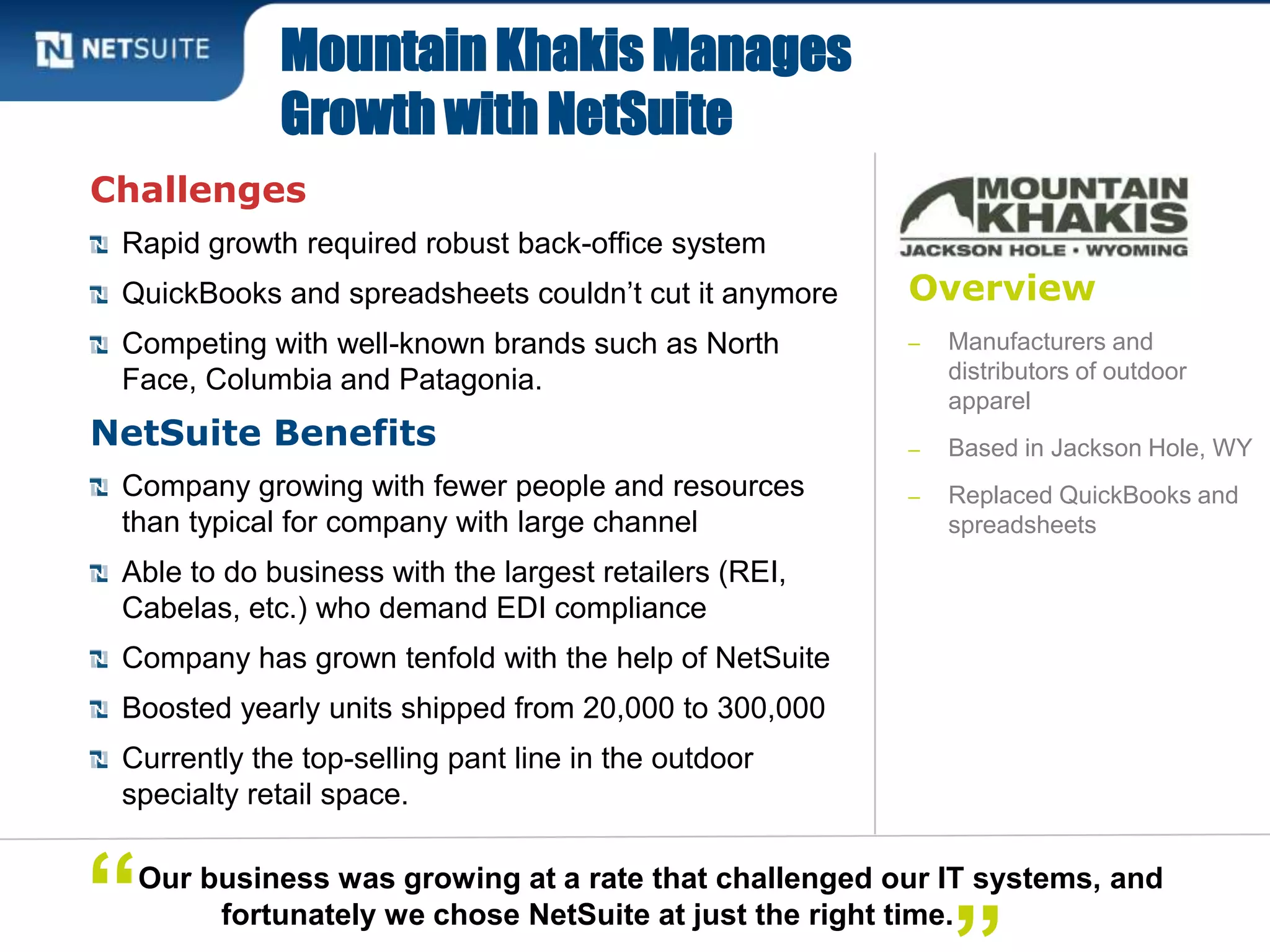 Overview
‒ Manufacturers and
distributors of outdoor
apparel
‒ Based in Jackson Hole, WY
‒ Replaced QuickBooks and
spreadsheets
Challenges
Rapid growth required robust back-office system
QuickBooks and spreadsheets couldn’t cut it anymore
Competing with well-known brands such as North
Face, Columbia and Patagonia.
NetSuite Benefits
Company growing with fewer people and resources
than typical for company with large channel
Able to do business with the largest retailers (REI,
Cabelas, etc.) who demand EDI compliance
Company has grown tenfold with the help of NetSuite
Boosted yearly units shipped from 20,000 to 300,000
Currently the top-selling pant line in the outdoor
specialty retail space.
Mountain Khakis Manages
Growth with NetSuite
Our business was growing at a rate that challenged our IT systems, and
fortunately we chose NetSuite at just the right time.“
 
