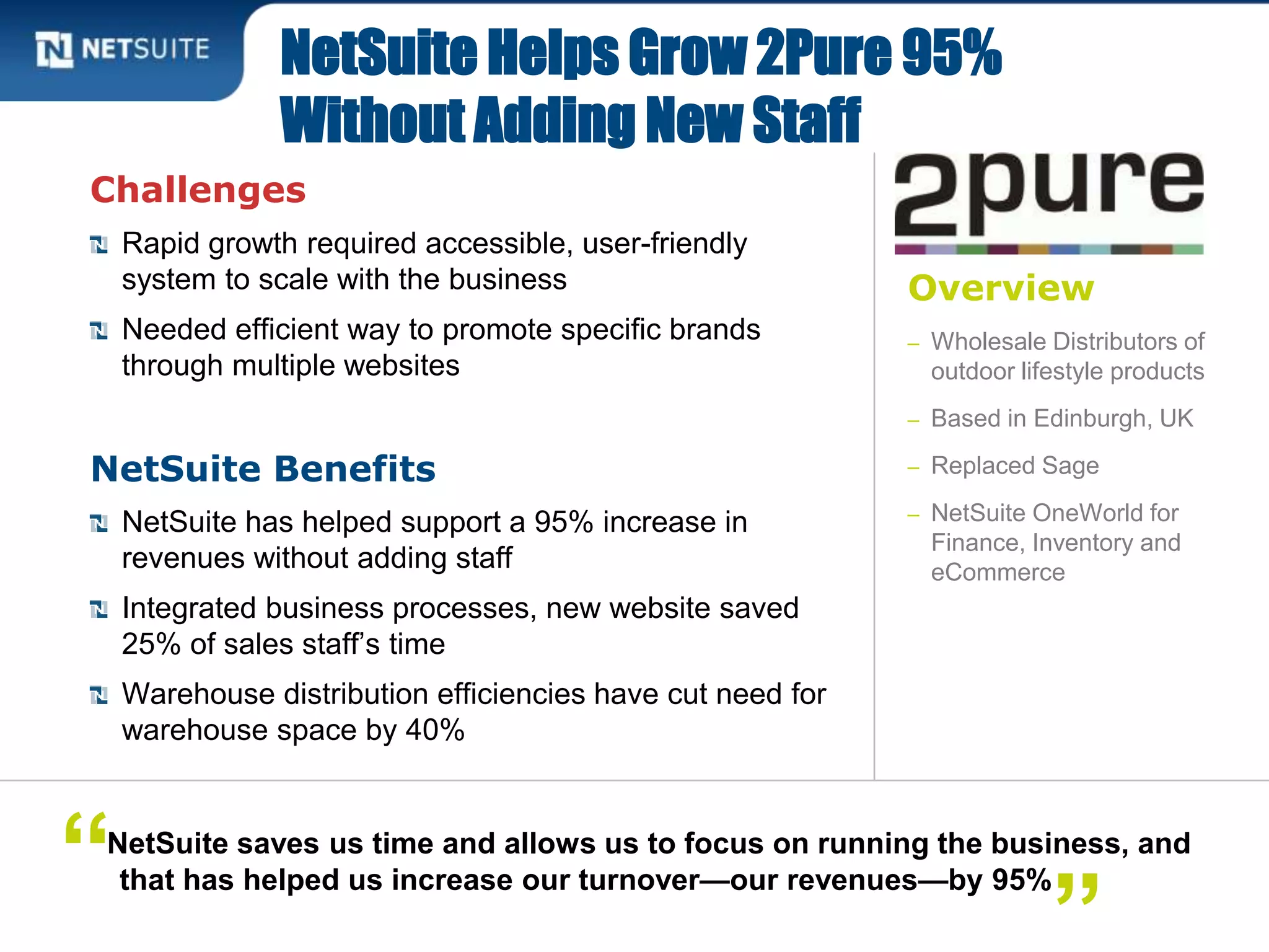 Overview
– Wholesale Distributors of
outdoor lifestyle products
– Based in Edinburgh, UK
– Replaced Sage
– NetSuite OneWorld for
Finance, Inventory and
eCommerce
Challenges
Rapid growth required accessible, user-friendly
system to scale with the business
Needed efficient way to promote specific brands
through multiple websites
NetSuite Benefits
NetSuite has helped support a 95% increase in
revenues without adding staff
Integrated business processes, new website saved
25% of sales staff’s time
Warehouse distribution efficiencies have cut need for
warehouse space by 40%
NetSuite Helps Grow 2Pure 95%
Without Adding New Staff
NetSuite saves us time and allows us to focus on running the business, and
that has helped us increase our turnover—our revenues—by 95%“
”
 