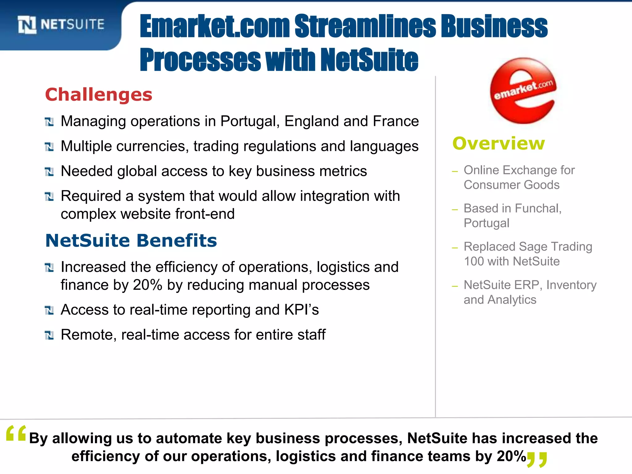 Overview
– Online Exchange for
Consumer Goods
– Based in Funchal,
Portugal
– Replaced Sage Trading
100 with NetSuite
– NetSuite ERP, Inventory
and Analytics
Challenges
Managing operations in Portugal, England and France
Multiple currencies, trading regulations and languages
Needed global access to key business metrics
Required a system that would allow integration with
complex website front-end
NetSuite Benefits
Increased the efficiency of operations, logistics and
finance by 20% by reducing manual processes
Access to real-time reporting and KPI’s
Remote, real-time access for entire staff
Emarket.com Streamlines Business
Processes with NetSuite
By allowing us to automate key business processes, NetSuite has increased the
efficiency of our operations, logistics and finance teams by 20%“
 