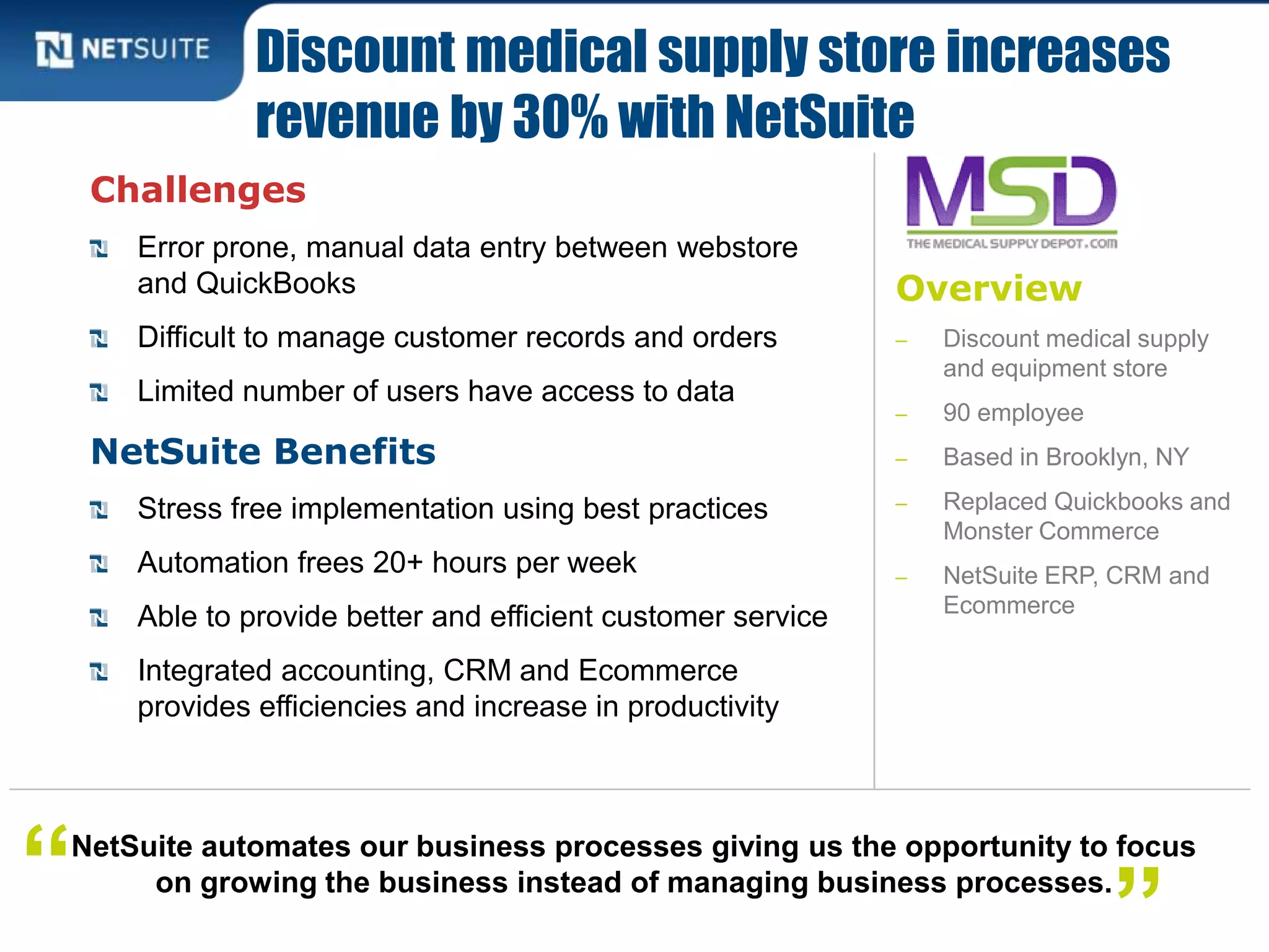 Overview
‒ Discount medical supply
and equipment store
‒ 90 employee
‒ Based in Brooklyn, NY
‒ Replaced Quickbooks and
Monster Commerce
‒ NetSuite ERP, CRM and
Ecommerce
Challenges
Error prone, manual data entry between webstore
and QuickBooks
Difficult to manage customer records and orders
Limited number of users have access to data
NetSuite Benefits
Stress free implementation using best practices
Automation frees 20+ hours per week
Able to provide better and efficient customer service
Integrated accounting, CRM and Ecommerce
provides efficiencies and increase in productivity
Discount medical supply store increases
revenue by 30% with NetSuite
NetSuite automates our business processes giving us the opportunity to focus
on growing the business instead of managing business processes.“ ”
 