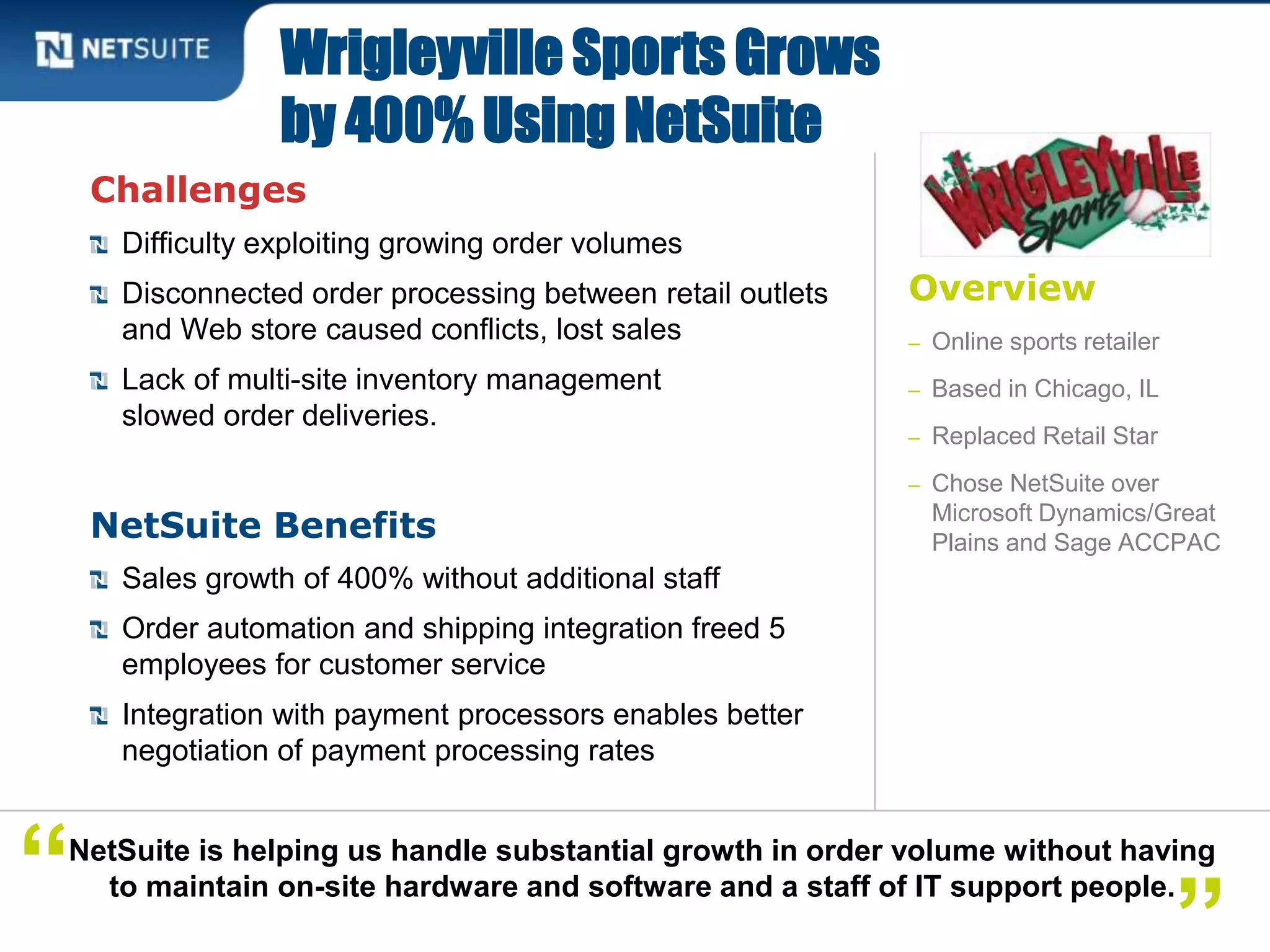 Overview
– Online sports retailer
– Based in Chicago, IL
– Replaced Retail Star
– Chose NetSuite over
Microsoft Dynamics/Great
Plains and Sage ACCPAC
Challenges
Difficulty exploiting growing order volumes
Disconnected order processing between retail outlets
and Web store caused conflicts, lost sales
Lack of multi-site inventory management
slowed order deliveries.
NetSuite Benefits
Sales growth of 400% without additional staff
Order automation and shipping integration freed 5
employees for customer service
Integration with payment processors enables better
negotiation of payment processing rates
Wrigleyville Sports Grows
by 400% Using NetSuite
NetSuite is helping us handle substantial growth in order volume without having
to maintain on-site hardware and software and a staff of IT support people.“
 