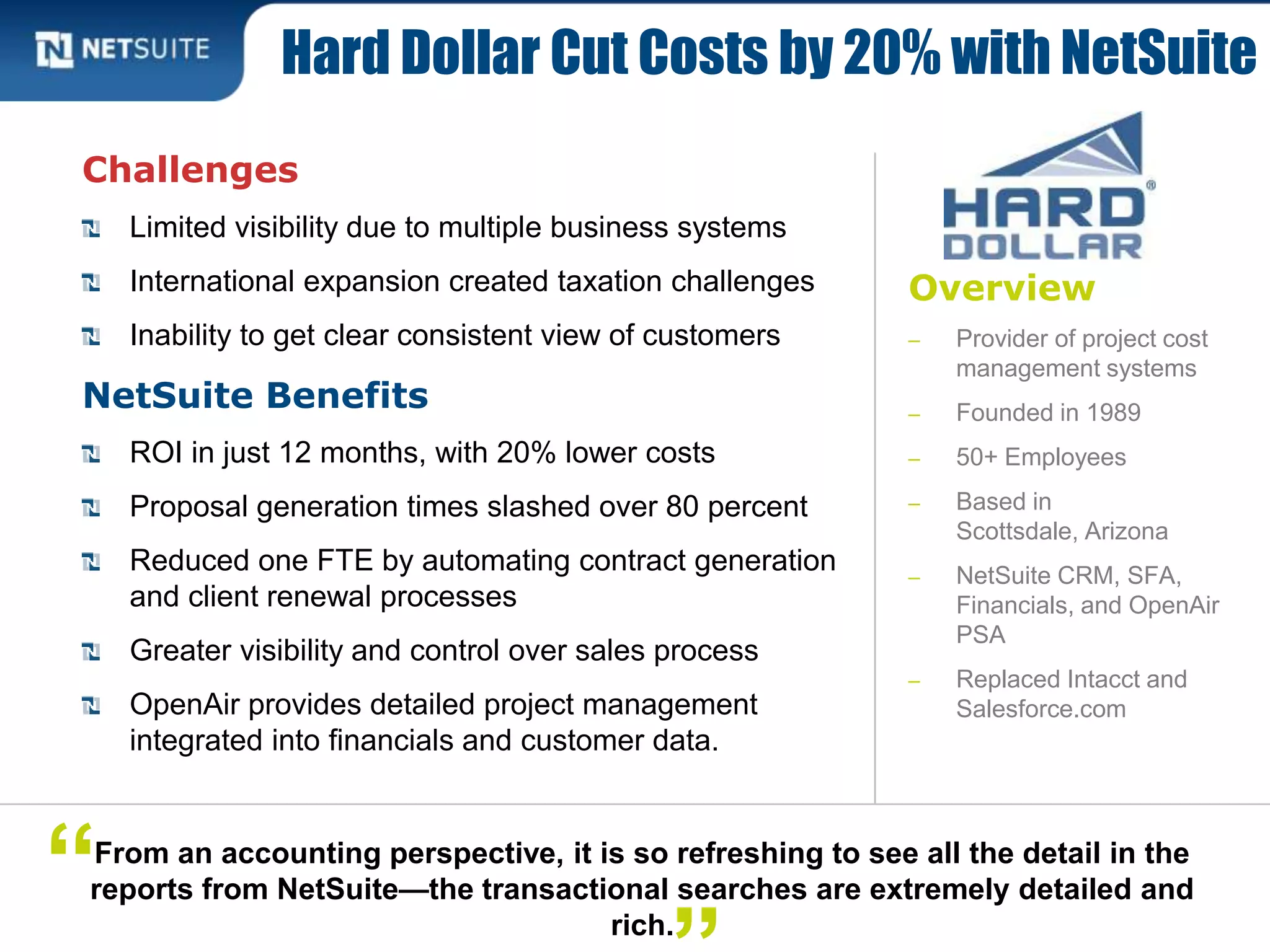 Overview
‒ Provider of project cost
management systems
‒ Founded in 1989
‒ 50+ Employees
‒ Based in
Scottsdale, Arizona
‒ NetSuite CRM, SFA,
Financials, and OpenAir
PSA
‒ Replaced Intacct and
Salesforce.com
Challenges
Limited visibility due to multiple business systems
International expansion created taxation challenges
Inability to get clear consistent view of customers
NetSuite Benefits
ROI in just 12 months, with 20% lower costs
Proposal generation times slashed over 80 percent
Reduced one FTE by automating contract generation
and client renewal processes
Greater visibility and control over sales process
OpenAir provides detailed project management
integrated into financials and customer data.
Hard Dollar Cut Costs by 20% with NetSuite
From an accounting perspective, it is so refreshing to see all the detail in the
reports from NetSuite—the transactional searches are extremely detailed and
rich.
“
 