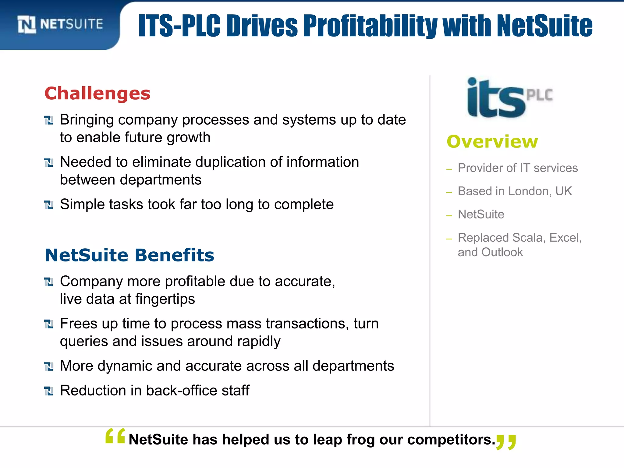 Overview
– Provider of IT services
– Based in London, UK
– NetSuite
– Replaced Scala, Excel,
and Outlook
Challenges
Bringing company processes and systems up to date
to enable future growth
Needed to eliminate duplication of information
between departments
Simple tasks took far too long to complete
NetSuite Benefits
Company more profitable due to accurate,
live data at fingertips
Frees up time to process mass transactions, turn
queries and issues around rapidly
More dynamic and accurate across all departments
Reduction in back-office staff
ITS-PLC Drives Profitability with NetSuite
NetSuite has helped us to leap frog our competitors.
“
 