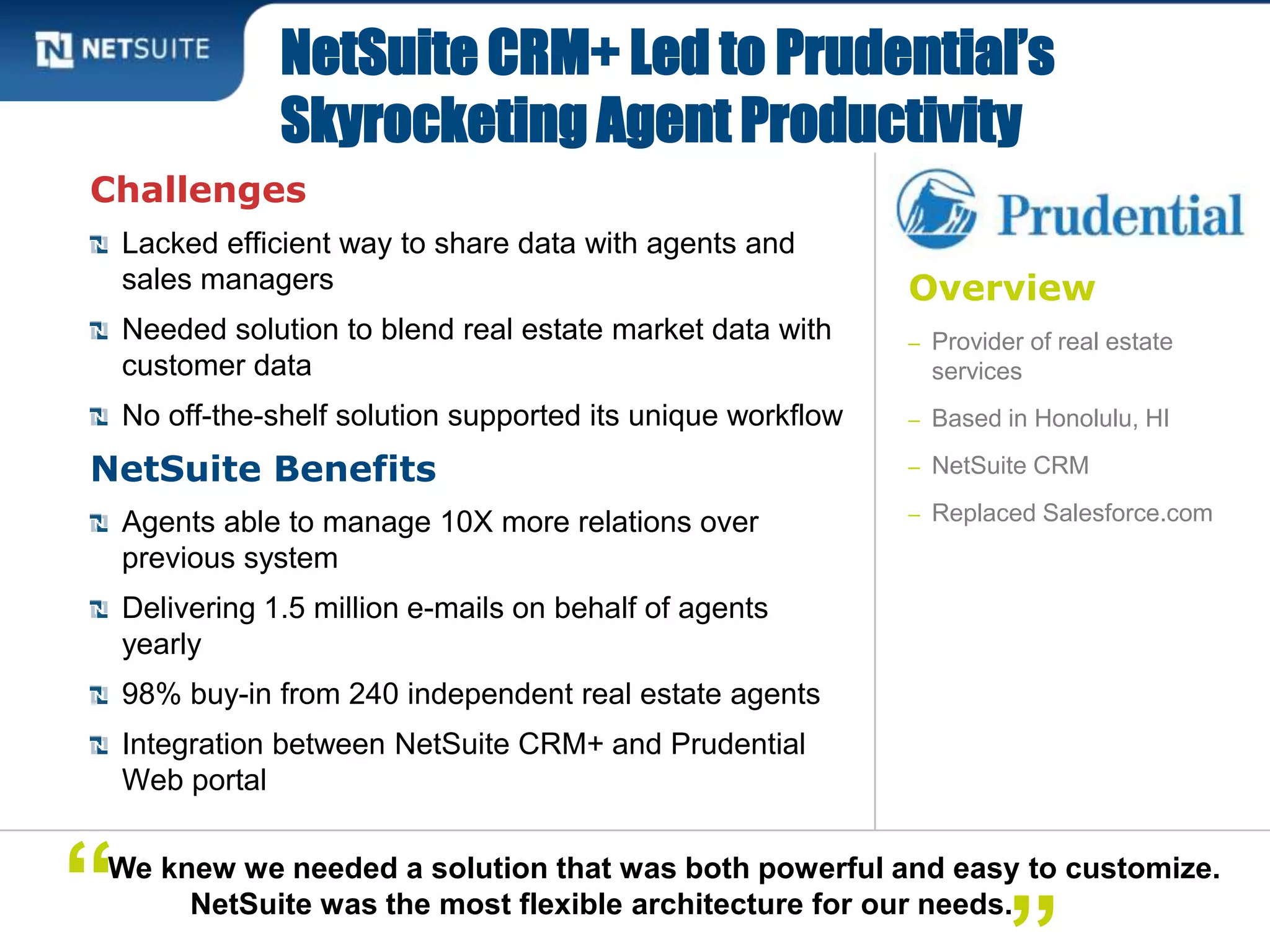 Overview
– Provider of real estate
services
– Based in Honolulu, HI
– NetSuite CRM
– Replaced Salesforce.com
Challenges
Lacked efficient way to share data with agents and
sales managers
Needed solution to blend real estate market data with
customer data
No off-the-shelf solution supported its unique workflow
NetSuite Benefits
Agents able to manage 10X more relations over
previous system
Delivering 1.5 million e-mails on behalf of agents
yearly
98% buy-in from 240 independent real estate agents
Integration between NetSuite CRM+ and Prudential
Web portal
NetSuite CRM+ Led to Prudential’s
Skyrocketing Agent Productivity
We knew we needed a solution that was both powerful and easy to customize.
NetSuite was the most flexible architecture for our needs.“
 