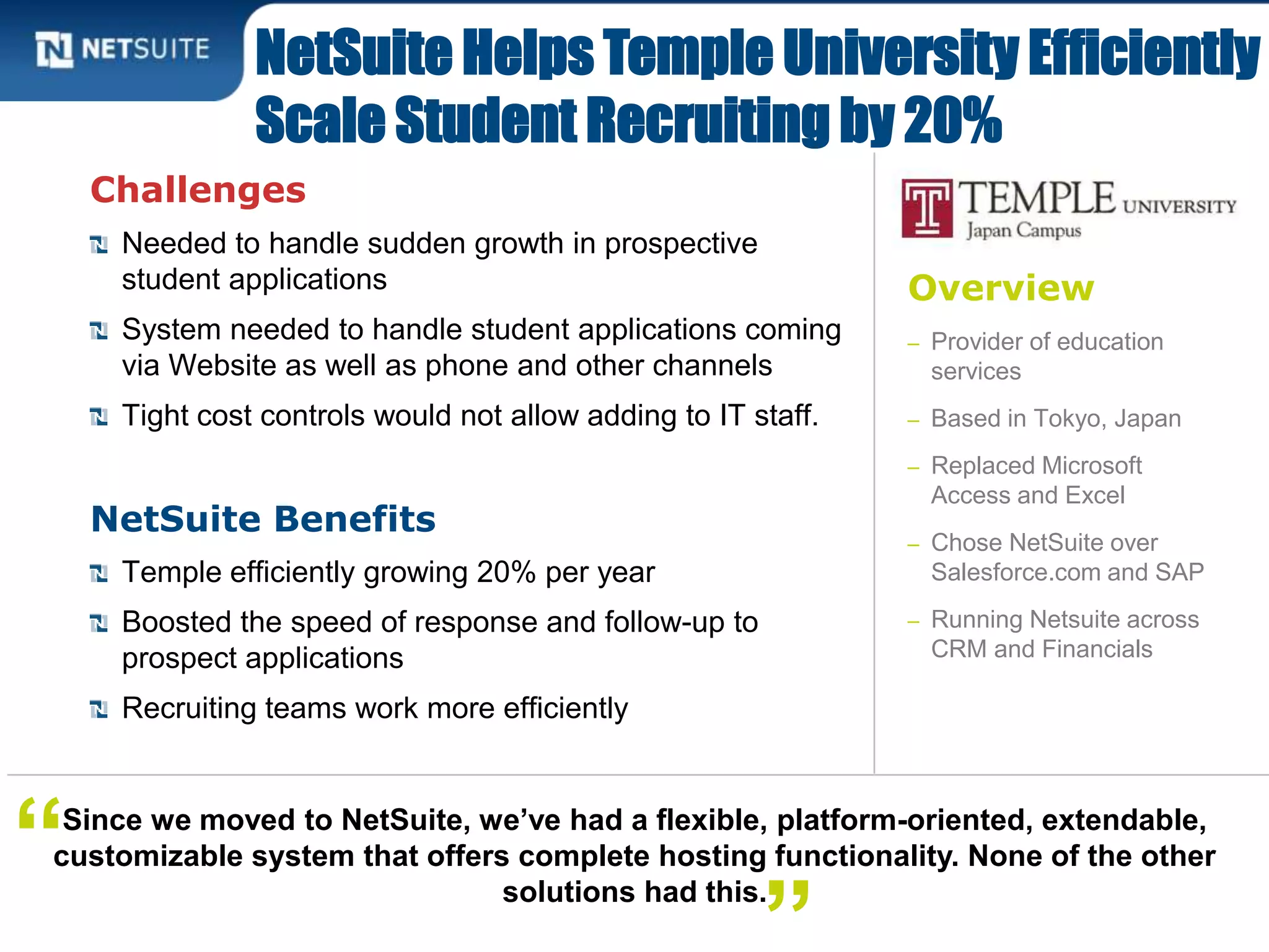 Overview
– Provider of education
services
– Based in Tokyo, Japan
– Replaced Microsoft
Access and Excel
– Chose NetSuite over
Salesforce.com and SAP
– Running Netsuite across
CRM and Financials
Challenges
Needed to handle sudden growth in prospective
student applications
System needed to handle student applications coming
via Website as well as phone and other channels
Tight cost controls would not allow adding to IT staff.
NetSuite Benefits
Temple efficiently growing 20% per year
Boosted the speed of response and follow-up to
prospect applications
Recruiting teams work more efficiently
NetSuite Helps Temple University Efficiently
Scale Student Recruiting by 20%
Since we moved to NetSuite, we’ve had a flexible, platform-oriented, extendable,
customizable system that offers complete hosting functionality. None of the other
solutions had this.
“
 