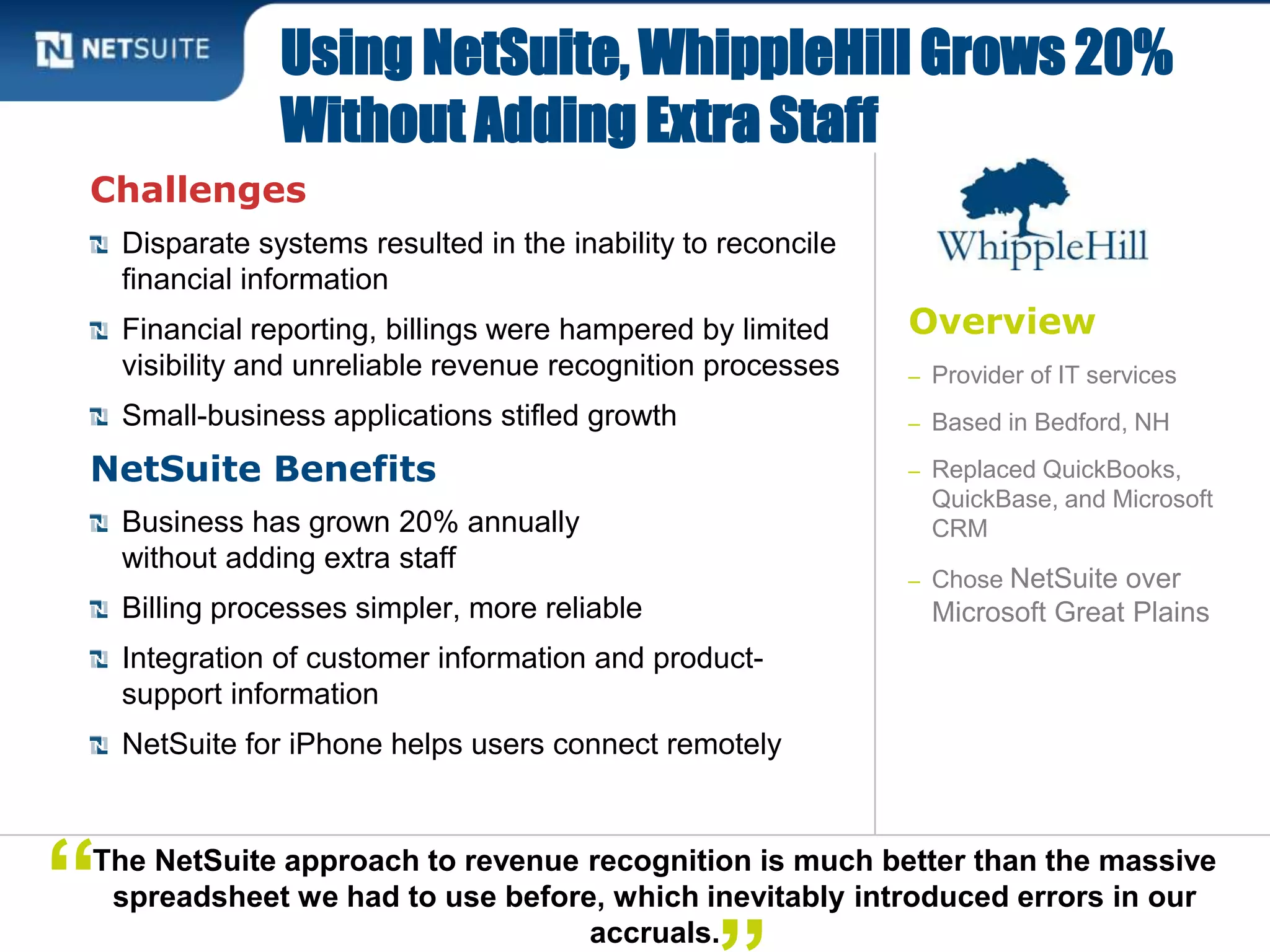 Overview
– Provider of IT services
– Based in Bedford, NH
– Replaced QuickBooks,
QuickBase, and Microsoft
CRM
– Chose NetSuite over
Microsoft Great Plains
Challenges
Disparate systems resulted in the inability to reconcile
financial information
Financial reporting, billings were hampered by limited
visibility and unreliable revenue recognition processes
Small-business applications stifled growth
NetSuite Benefits
Business has grown 20% annually
without adding extra staff
Billing processes simpler, more reliable
Integration of customer information and product-
support information
NetSuite for iPhone helps users connect remotely
Using NetSuite, WhippleHill Grows 20%
Without Adding Extra Staff
The NetSuite approach to revenue recognition is much better than the massive
spreadsheet we had to use before, which inevitably introduced errors in our
accruals.
“
 