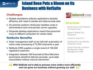 Island Rose Puts a Bloom on Its 
Business with NetSuite 
Challenges 
Multiple standalone software applications derailed 
efficiency with need to double-and triple-encode data 
On-premise systems introduced needless costs in 
administrative work and periodic server upgrades 
Disparate desktop applications meant that personnel 
move to different computers for certain tasks 
NetSuite Benefits 
Order management staff cut by half with automation of 
online order processing of 75,000 shipments a year 
NetSuite CRM supplies a single record of 100,000 
registered customers 
Integration between NS financials & Miva Merchant 
ecommerce storefront delivers accurate, up-to-date 
reconciliation without manual intervention 
Overview 
– Brand name of the Philippine 
Cut Flower Corp 
– Based in Makati City, 
Philippines 
– Customer since 2011 
– Switched from QuickBooks, 
ShipWorks, Excel 
– Using Financials, Inventory 
Management, Order 
Management, CRM 
and can gro “ w our business without growing our staff.” 
With NetSuite we're able to process more orders more efficiently 
 