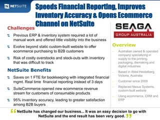 Speeds Financial Reporting, Improves 
Inventory Accuracy & Opens Ecommerce 
Channel on NetSuite 
Overview 
‒ Australian owned & operated 
company specializing in 
supply to the printing, 
packaging, diemaking and 
digital industries 
‒ Based in West Heidelberg, 
Victoria, Australia 
‒ Customer since 2009 
‒ Replaced Nexus Systems, 
custom-built website 
‒ Using ecommerce, CRM and 
ERP 
Challenges 
Previous ERP & inventory system required a lot of 
manual work and offered little visibility into the business 
Evolve beyond static custom-built website to offer 
ecommerce purchasing to B2B customers 
Risk of costly overstocks and stock-outs with inventory 
that was difficult to track 
NetSuite Benefits 
Saves on 1 FTE for bookkeeping with integrated financial 
mgmt. Real time financial reporting instead of 3 days 
SuiteCommerce opened new ecommerce revenue 
stream for customers of consumable products 
95% inventory accuracy, leading to greater satisfaction 
among B2B buyers 
NetSuite has changed our business... It was an easy decision to go with 
“ NetSuite and the end result has been very good.” 
 
