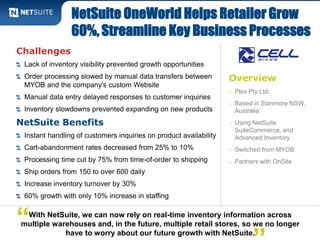 NetSuite OneWorld Helps Retailer Grow 
60%, Streamline Key Business Processes 
Overview 
– Plex Pty Ltd. 
– Based in Stanmore NSW, 
Australia 
– Using NetSuite 
SuiteCommerce, and 
Advanced Inventory 
– Switched from MYOB 
– Partners with OnSite 
Challenges 
Lack of inventory visibility prevented growth opportunities 
Order processing slowed by manual data transfers between 
MYOB and the company's custom Website 
Manual data entry delayed responses to customer inquiries 
Inventory slowdowns prevented expanding on new products 
NetSuite Benefits 
Instant handling of customers inquiries on product availability 
Cart-abandonment rates decreased from 25% to 10% 
Processing time cut by 75% from time-of-order to shipping 
Ship orders from 150 to over 600 daily 
Increase inventory turnover by 30% 
60% growth with only 10% increase in staffing 
With NetSuite, we can now rely on real-time inventory information across 
multiple warehouses and, in the future, multiple retail stores, so we no longer 
have to worry about our future growth with NetSuite. 
“ 
” 
 